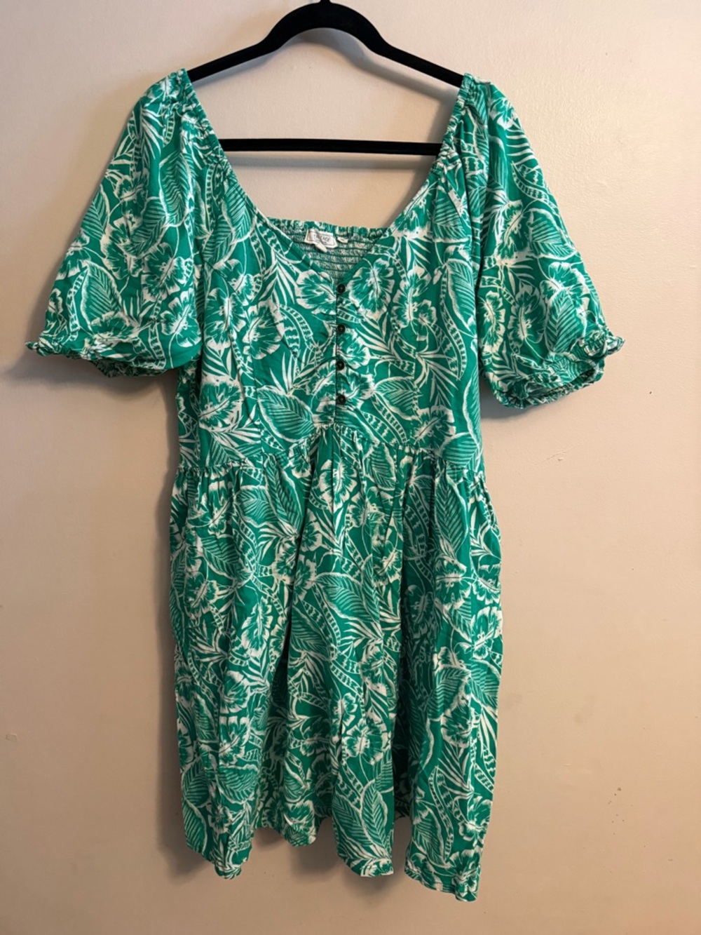 Fat Face Teal and White Leaf-Print Mini Dress